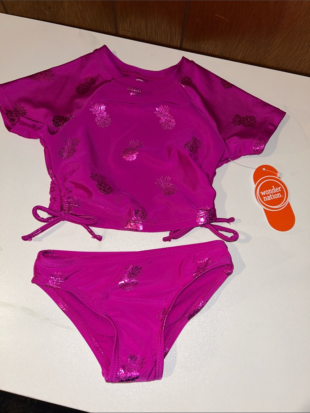 5/$20 wonder nation | Fuchsia Two-Piece Swim Set with Metallic Pineapples